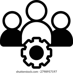 Flat vector graphic showing three abstract people icons with a gear symbol, suitable for teamwork, management, or collaboration concepts in design.