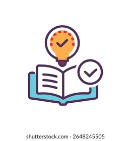 Flat vector graphic shows an open book with a lightbulb and checkmark. Focus is on education and idea generation. Bold outlined style.