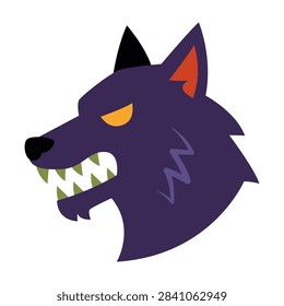 A flat vector graphic of a snarling purple wolf head featuring jagged teeth, glowing yellow eyes, and pointed ears, designed in a cartoon style for halloween themes.