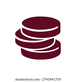 Flat vector graphic of stacked burgundy tokens. This minimalist icon represents money, savings, currency, data storage, or a database server.