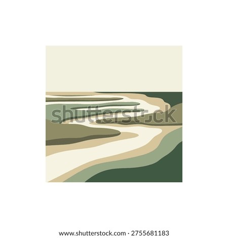Flat vector graphic of a tidal saltmarsh habitat with stacked sediment landforms and marsh channels.