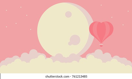 Flat vector graphic of valentine hot air balloon heart shape floating pass big moon and clouds.
