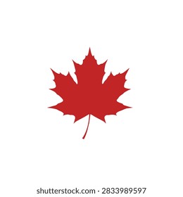 A flat vector graphic of a vibrant red maple leaf symbolizing Canada, featuring sharp pointed lobes and a central stem on a clean white backdrop.