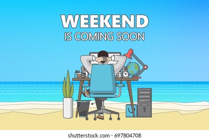 Flat Vector Graphics of Businessman on the beach. Businessman dreaming in the office. 