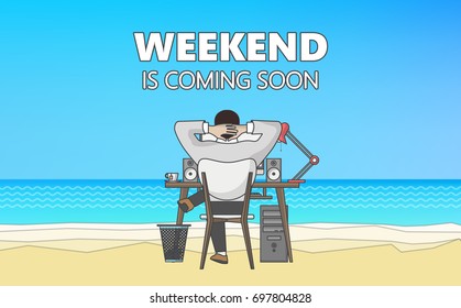 Flat Vector Graphics of Businessman on the beach. Businessman dreaming in the office. 