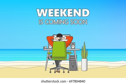 Flat Vector Graphics of Businessman on the beach. Businessman dreaming in the office. 