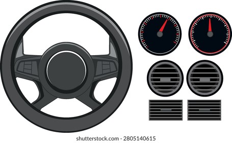 Flat vector graphics of a steering wheel, speedometers, and air vents on white background.