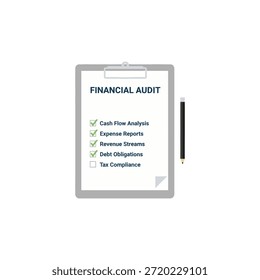Vector plano de un Portapapeles gris que sostiene una lista de verificación de auditoría financiera blanca con marcas de verificación verdes, acompañada de un lápiz negro, sobre un fondo azul claro.