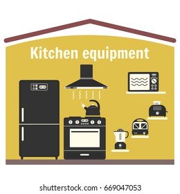 Flat vector gray monochrome kitchen equipment set. Kitchen appliance including refrigerator, stove, microwave oven, hood, kettle, juicer, sandwich maker and toaster