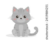 Flat Vector Gray Tabby Cat, Isolated. Cartoon Cat Icon. Cute and Funny Gray Cat in Front View. Feline Vector Illustration for Design, Cartoons, Advertising