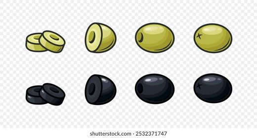 Flat Vector Green and Black Olives Outline Set. Hand-Drawn Olive Tree Berries Clipart. Olive Oil Products, Packaging, Food Design Template