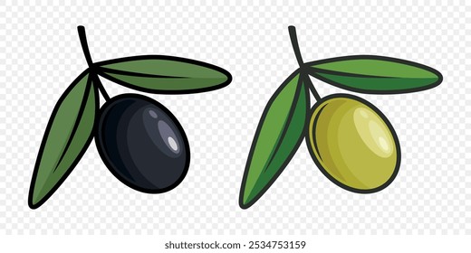 Flat Vector Green and Black Olives Outline Set. Hand-Drawn Olive Tree Berries Clipart. Olive Oil Products, Packaging, Food Design Template