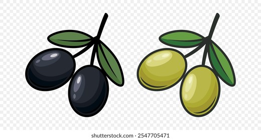 Conjunto de contornos de azeitonas verdes e pretas de vetor plano. Clipart De Bagas De Oliveiras À Mão. Produtos de Azeite, Embalagem, Modelo de Design de Alimentos