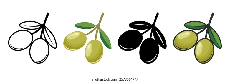 Flat Vector Green and Black Olives Outline Set. Hand-Drawn Olive Tree Berries Clipart. Olive Oil Products, Packaging, Food Design Template