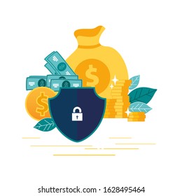 Flat vector green illustration. Shield, coins, concept of protection of money, insurance of financial savings, safe economy of business. investment management. Concept of graphic design, e-banking
