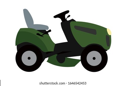 Flat vector green lawnmower tractor isolated on a white background.