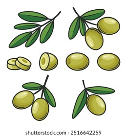 Flat Vector Green Olives and Branch Outline Set. Hand-Drawn Olive Tree Berries and Branch Clipart. Olive Twig with Leaves for Olive Oil Products, Packaging, Food Design Template