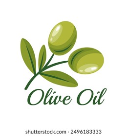 Vector plano Aceitunas verdes. Bayas de olivo en una rama. Clipart de bayas de olivo dibujado a mano. Plantilla de diseño de logotipo de aceite de oliva para Productos de aceite de oliva, embalaje, concepto de alimentos
