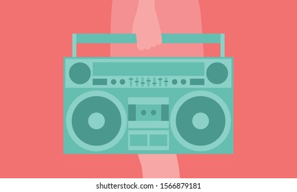 Flat vector of a green, retro boombox music player. Radio is being held by a woman who is visible from the waist down. Illustration is isolated against a coral background.