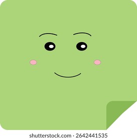Flat vector of a green sticky note with adorable eyes and a soft expression, designed for educational materials and planning templates.