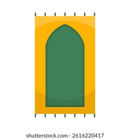Flat vector of a green and yellow Islamic prayer mat with arch motif. Suitable for religious and Ramadan-themed illustrations.