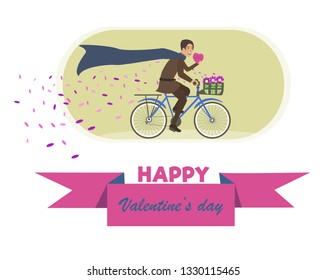 Flat Vector Greeting Card Happy Valentines Day. Lettering Illustration Young Man Riding Blue Bicycle and Carrying Flowers in Basket in Hands Big Heart at Bottom Red Ribbon with Inscription.