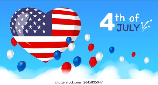 Tarjeta de felicitación plana del Vector de un globo americano en forma de corazón de la bandera con los globos rojos, blancos y azules sobre las nubes contra un cielo degradado. Ideal para Anuncios del 4 de julio, carteles.