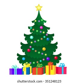 Flat vector Greeting Card illustration isolated on white background with presents and gift boxes under Christmas Tree. For Christmas and New Year holidays. 2017. Christmas gifts Tree isolated vector.
