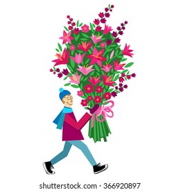Flat vector Greeting Card illustration isolated on white background with guy buying bouquet of flowers for Valentine's Day, holidays or Birthday. Love gift.  March 8. International Women's Day