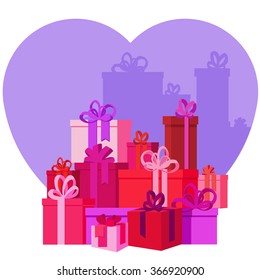 Flat vector Greeting Card illustration presents, gifts, boxes for Valentine's Day,  holidays or Birthday. Valentine's day sales shopping. Mountain Gifts with love.