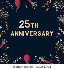 Flat vector greeting card. Text 25th anniversary. Dark theme. Vector frame design print with celebrating elements with dotted texture on dark background. Square composition