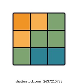 Flat vector grid layout with colorful square blocks in orange, green, and blue, simple infographic style