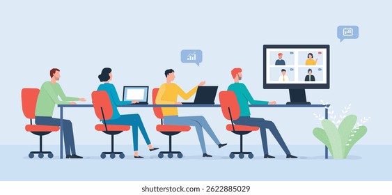 Vector Video plano Grupo de negocios del equipo Conferencia en línea con gente de negocios que trabaja para el concepto de lluvia de ideas