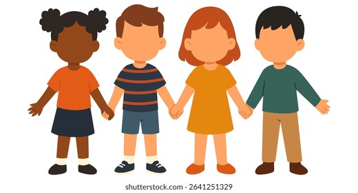 Flat vector group of cheerful young children holding hands, smiling and playing together, showing joy, friendship, and the pure happiness of childhood unity. Playful kids linking arms in harmony.