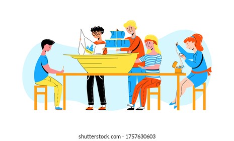 Flat vector group of children who are engaged in creativity: writing essay, building-assembling ship layout, embroidery. Children engaged in amateur activities and developing creativity concept.