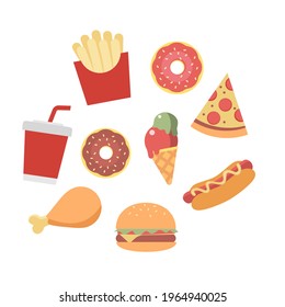 flat vector group of fast food icon. hamburger , donuts french fries, hotdog, pizza, chicken leg, 