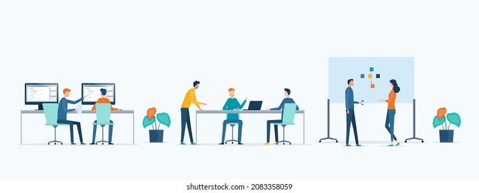 flat vector group of people business team working and project collaboration process meeting concept with set cartoon character design	