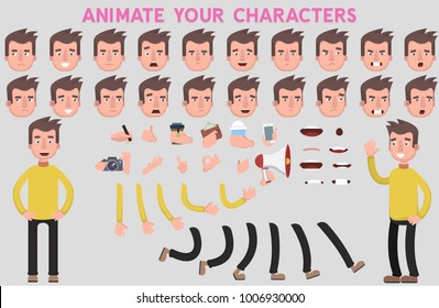 Flat Vector Guy character for your scenes. Character creation set with various views, face emotions, lip sync and poses. Parts of body template for design work and animation