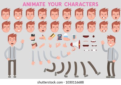 Flat Vector Guy character for your scenes. Character creation set with various views, face emotions, lip sync and poses. Parts of body template for design work and animation