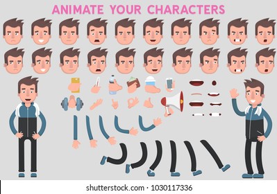 Flat Vector Guy character for your scenes. Character creation set with various views, face emotions, lip sync and poses. Parts of body template for design work and animation