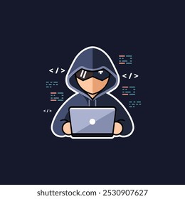 Flat Vector Hacker Character: A Whimsical Hoodie-Wearing Mascot with a Laptop, Framed by Digital Code Symbols in a Clean, Limited Color Design.