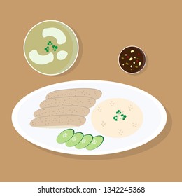 Flat Vector Hainanese chicken rice is a dish of poached chicken and seasoned rice top view