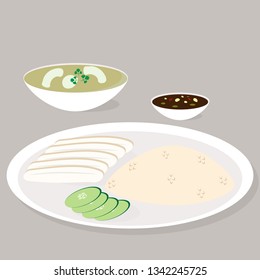 Flat Vector Hainanese chicken rice is a dish of poached chicken and seasoned rice 