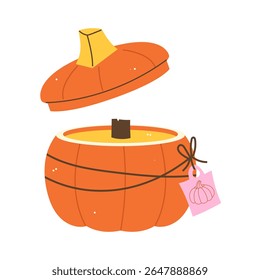 Flat vector Halloween candle illustration in form of a carved pumpkin with glowing flame