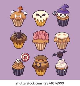Flat Vector Halloween Cupcakes - Hand Drawn 