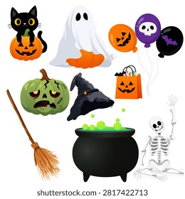 Flat vector halloween decoration set with ghost pumpkin bat balloon skeleton cauldron and broom in spooky cartoon style