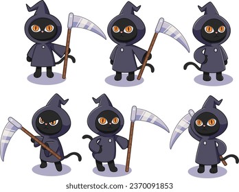 Flat Vector Halloween Grim Reaper Cat - Hand Drawn