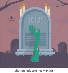 flat vector halloween zombie hand spider headstone candles