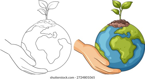 Vector plano de la tierra de acunamiento de la mano con la planta que brota, versiones coloreadas y del eco del contorno