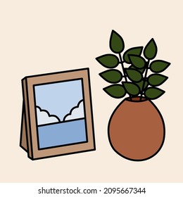 Flat vector hand draw illustration. Frame with a photograph of the sea and a plant in a pot. Home decor with pastel colors